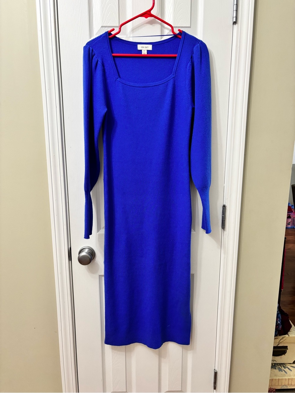 ON 34th Square Neck Ribbed Sweater Dress Blue Bodycon Midi Size Medium - Picture 2 of 9